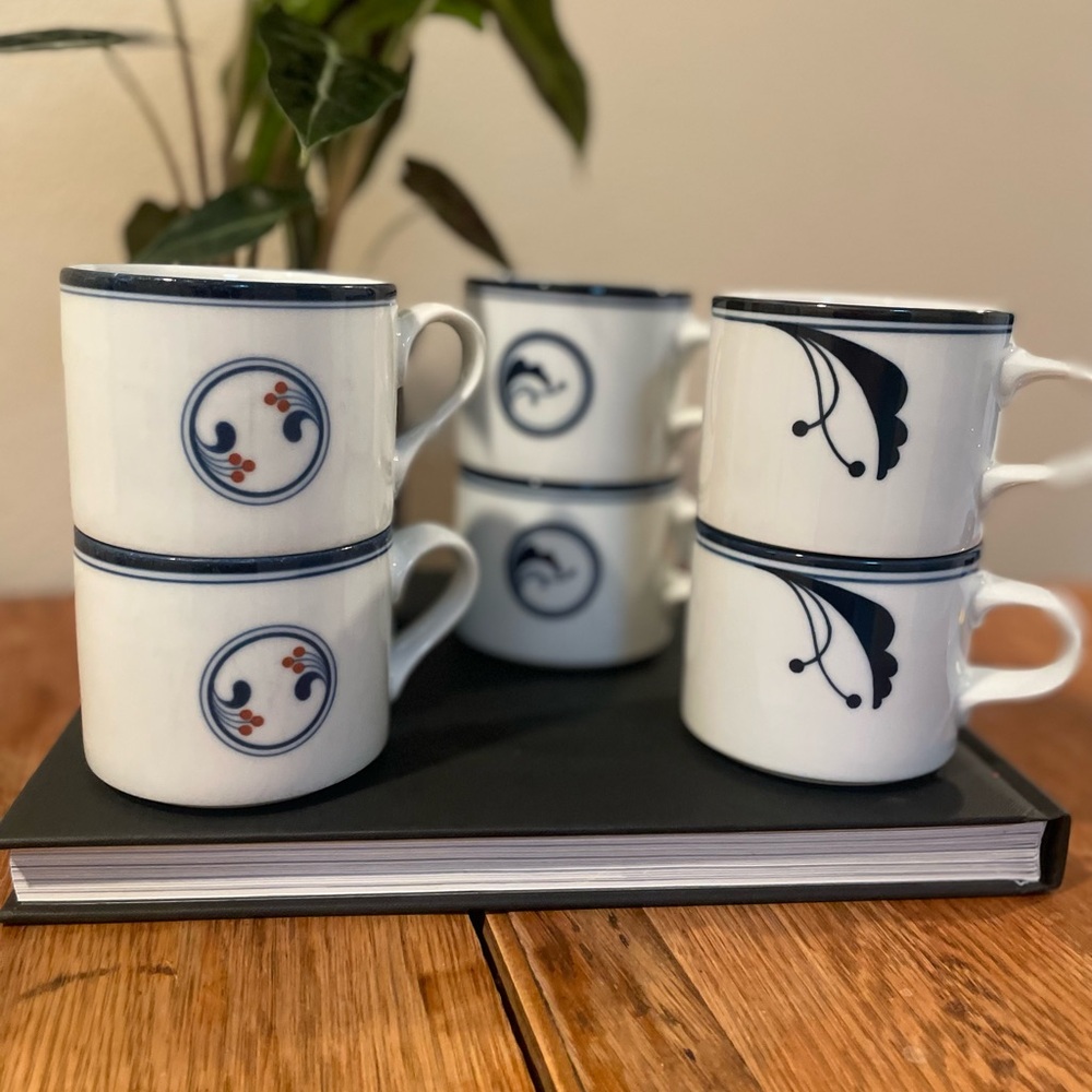 6 Vintage Dansk Porcelain Cups (Bayberry Blue, Bistro Aalborg & Flora Juniper)